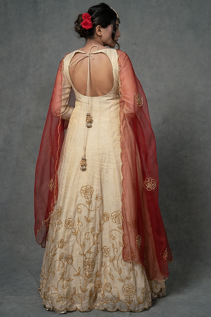 Ivory Gold Hand Embroidered Wedding Anarkali Set by Farha Syed at Pernia's Pop Up Shop