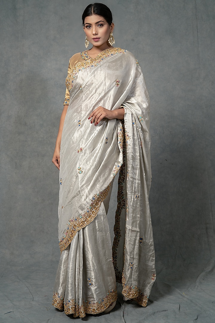 Silver & Gold Hand Embroidered Saree Set by Farha Syed