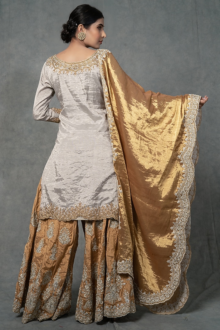 Silver & Gold Hand Embroidered Wedding Sharara Set by Farha Syed at Pernia's Pop Up Shop