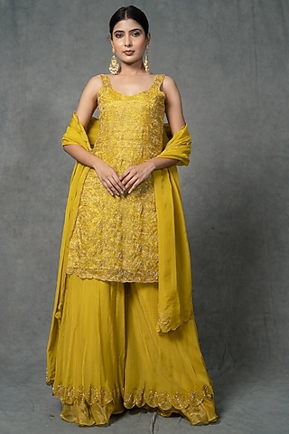 Lemon Yellow Hand Embroidered Sharara Set by Farha Syed