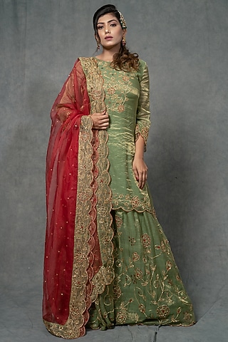 Fern Green Hand Embroidered Sharara Set by Farha Syed