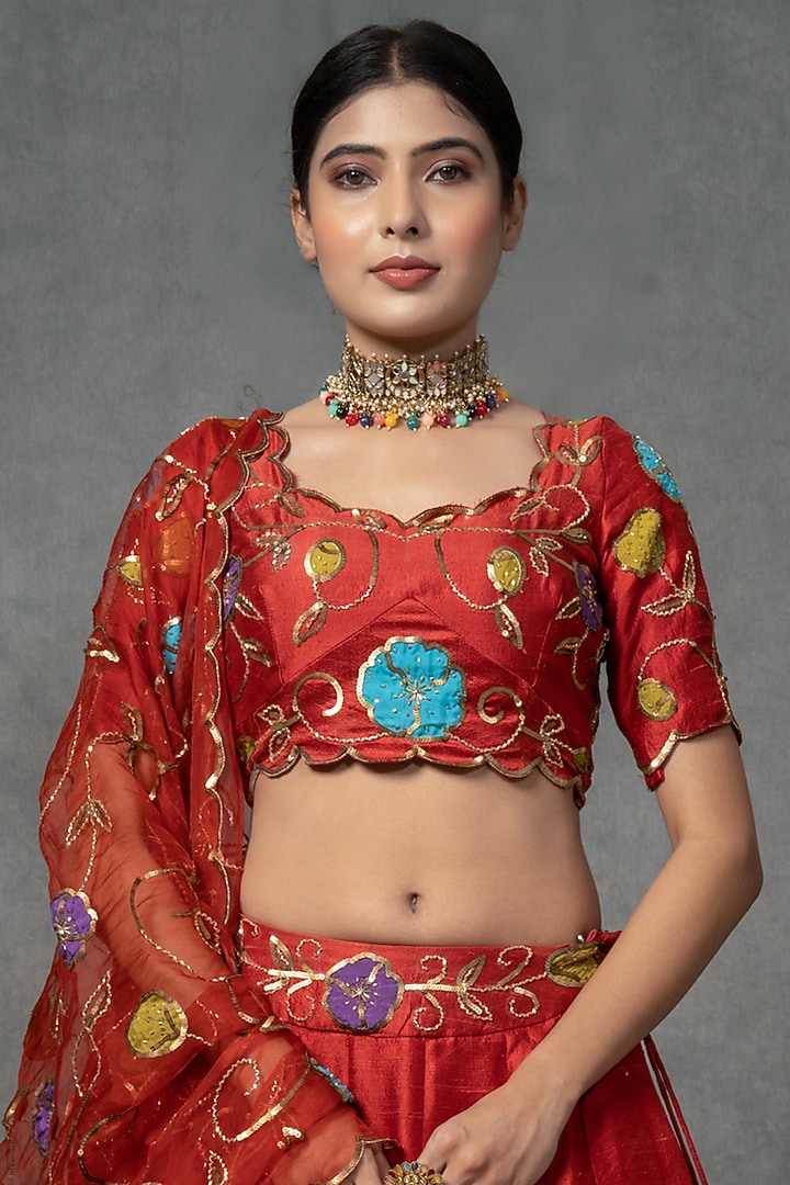 Crimson Red Hand Embroidered Wedding Lehenga Set by Farha Syed at Pernia's Pop Up Shop