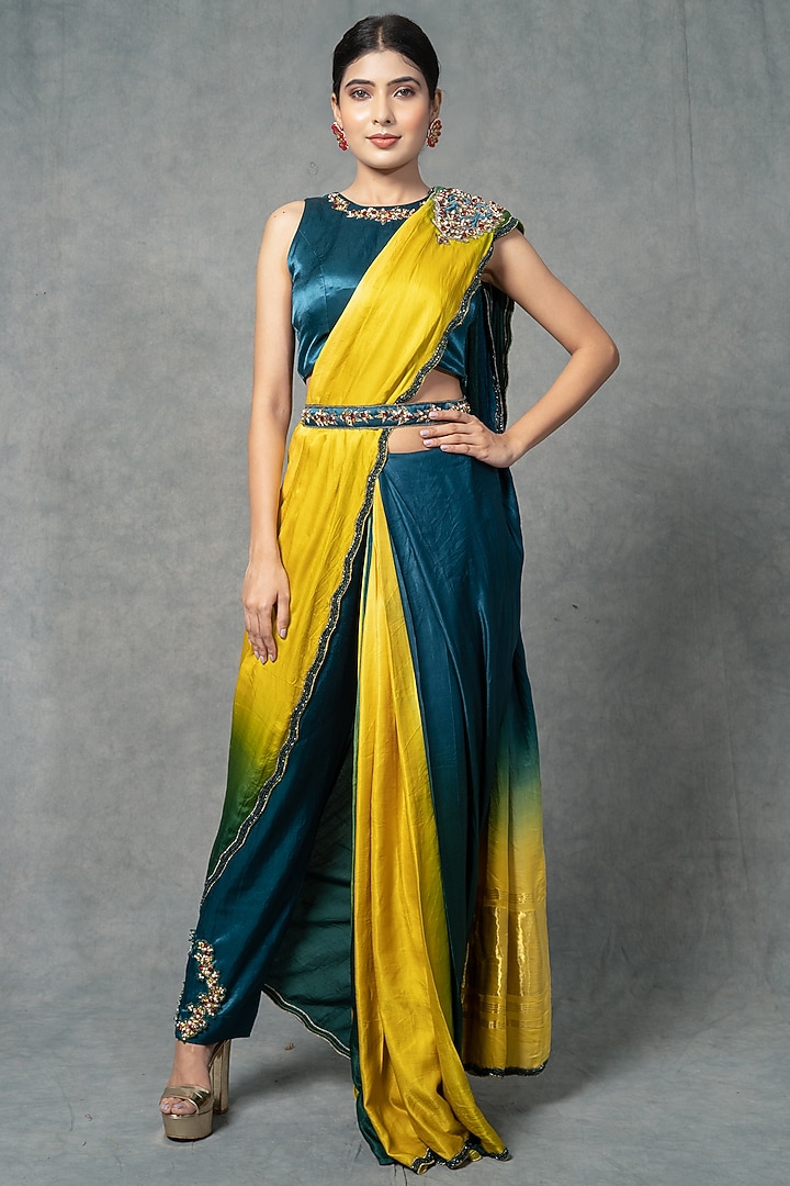 Green & Yellow Modal Satin Silk Hand Embroidered Pant Wedding Saree Set by Farha Syed at Pernia's Pop Up Shop