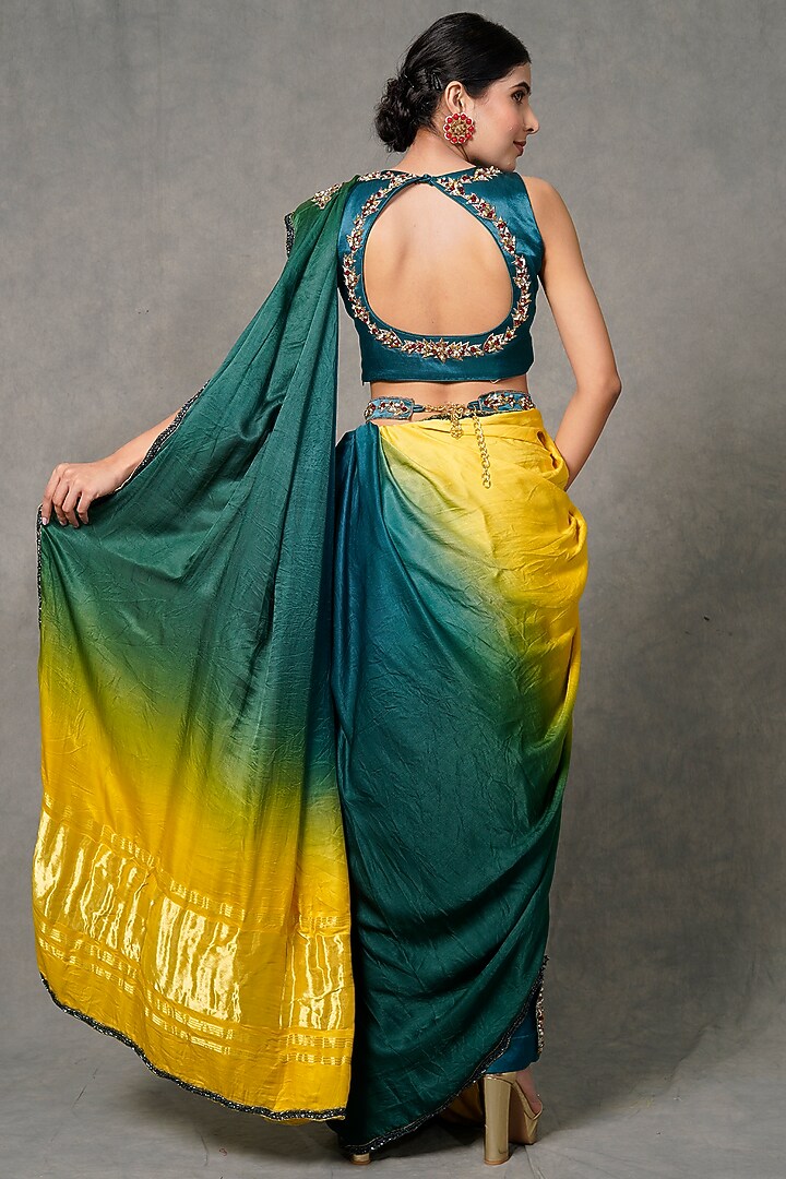 Green & Yellow Modal Satin Silk Hand Embroidered Pant Wedding Saree Set by Farha Syed at Pernia's Pop Up Shop