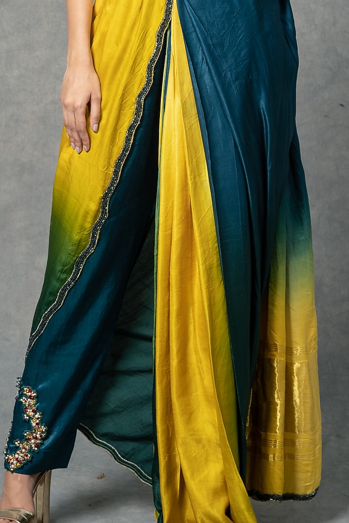 Green & Yellow Modal Satin Silk Hand Embroidered Pant Wedding Saree Set by Farha Syed at Pernia's Pop Up Shop