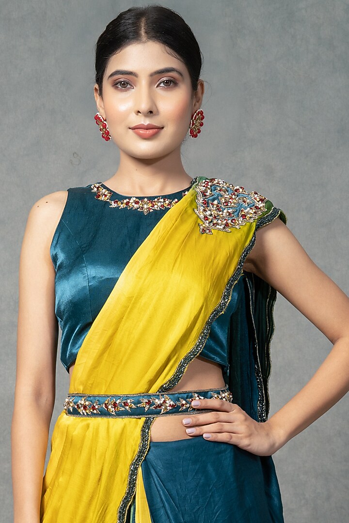 Green & Yellow Modal Satin Silk Hand Embroidered Pant Wedding Saree Set by Farha Syed at Pernia's Pop Up Shop