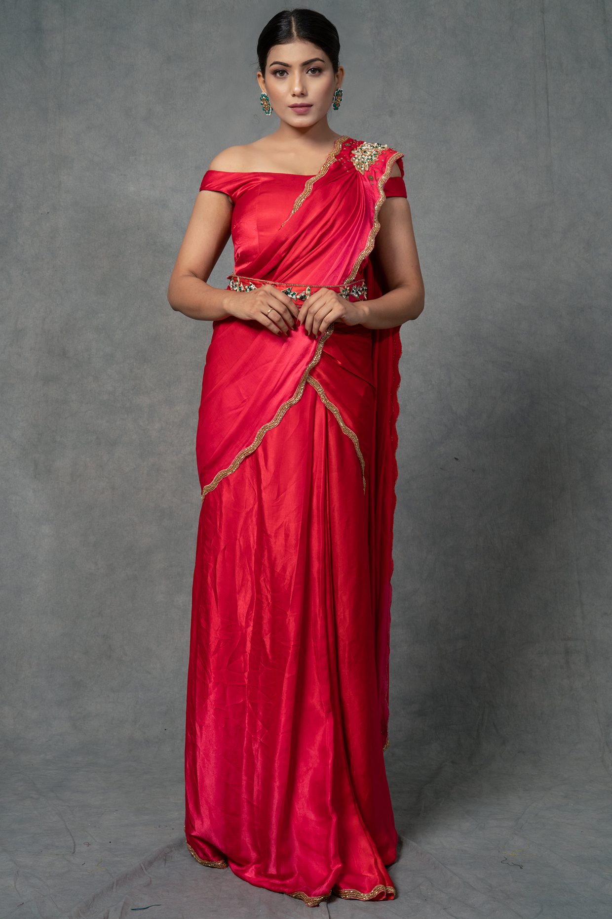 Candy Red Modal Satin Hand Embroidered Draped Wedding Saree Set by Farha Syed at Pernia's Pop Up Shop