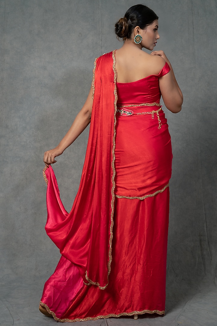 Candy Red Modal Satin Hand Embroidered Draped Wedding Saree Set by Farha Syed at Pernia's Pop Up Shop