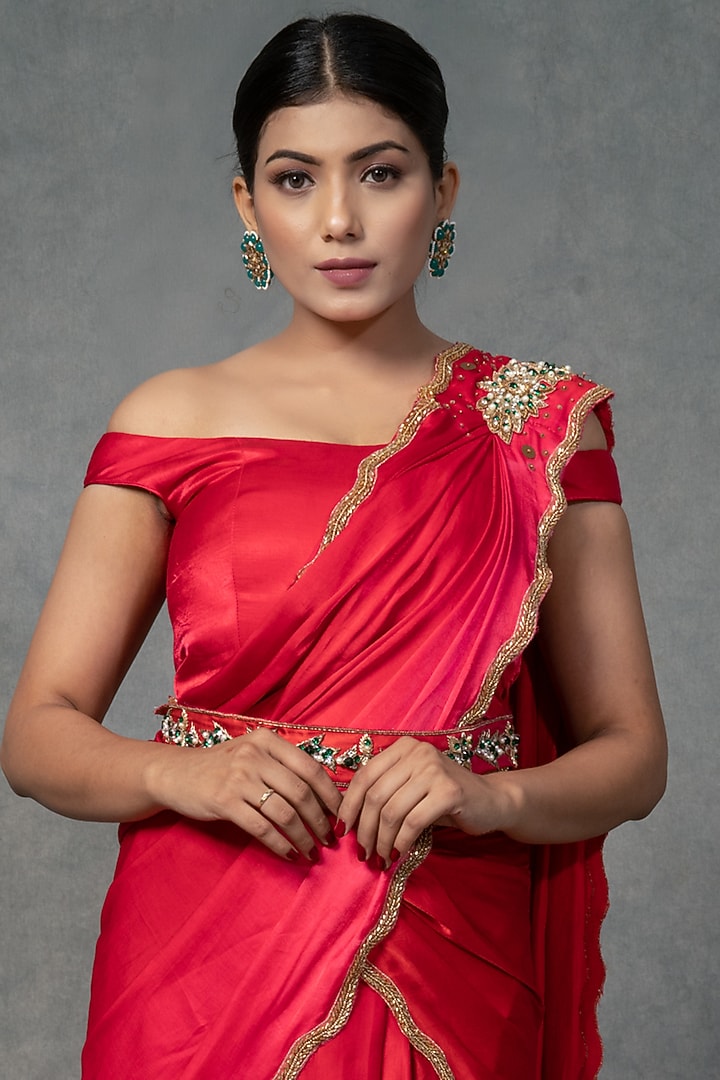 Candy Red Modal Satin Hand Embroidered Draped Wedding Saree Set by Farha Syed at Pernia's Pop Up Shop