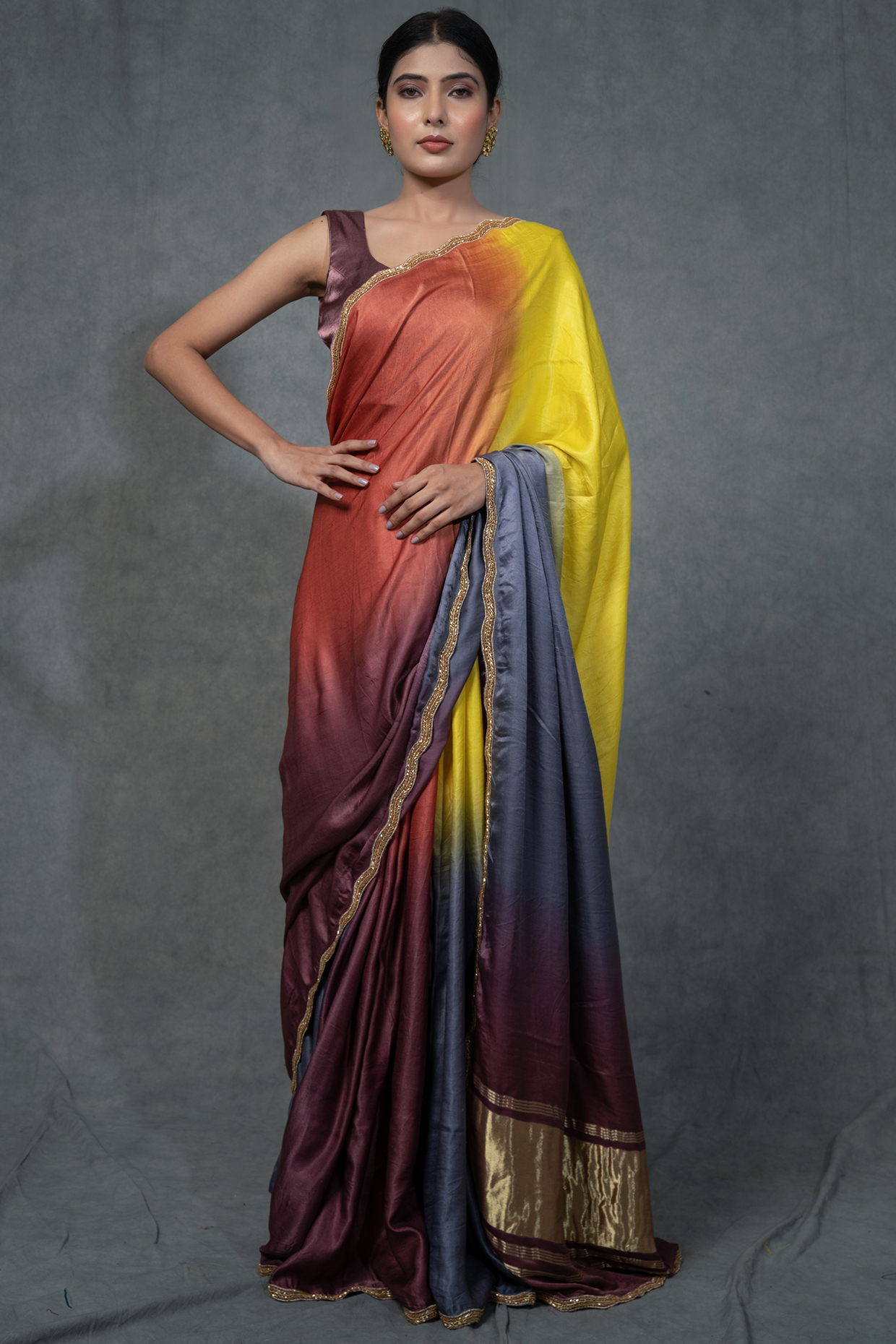 Multi-Colored Modal Satin Silk Hand Embroidered Party Wear Saree Set by Farha Syed at Pernia's Pop Up Shop