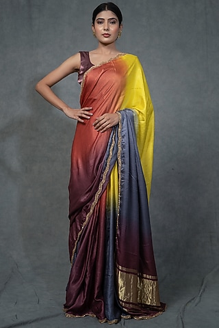 Multi-Colored Modal Satin Silk Hand Embroidered Saree Set by Farha Syed