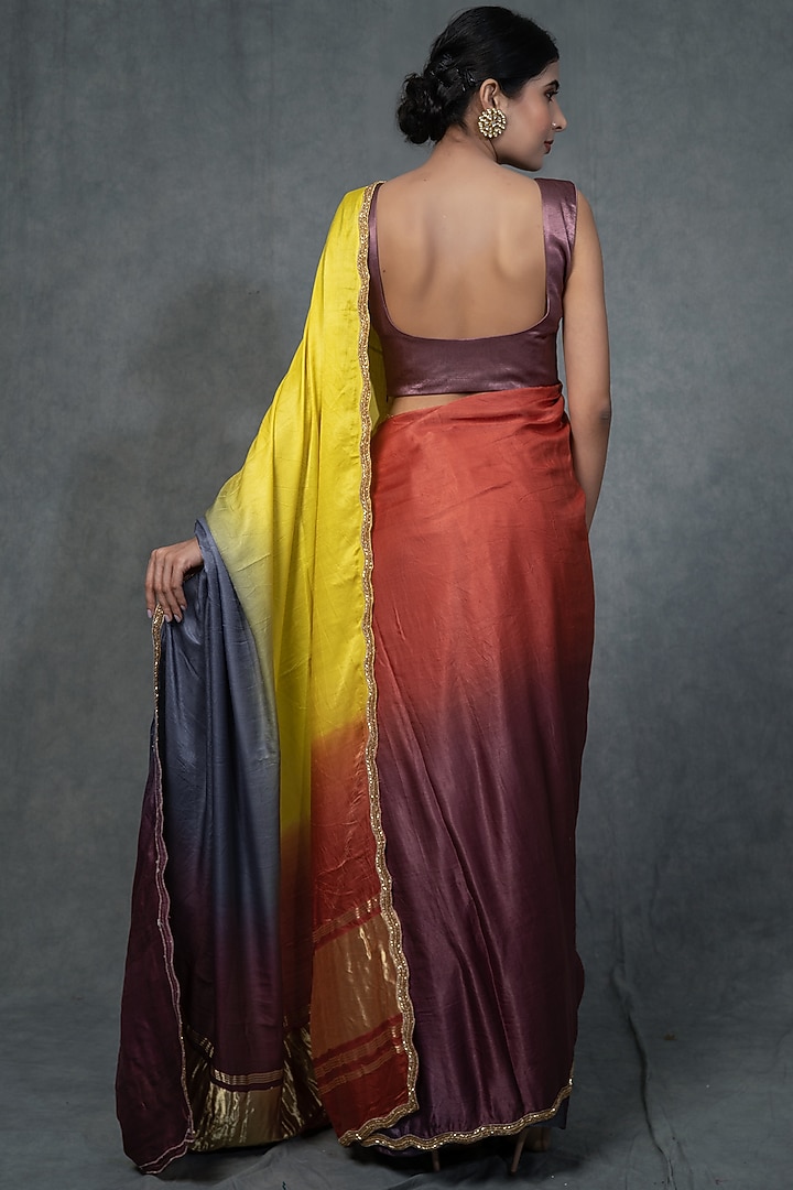 Multi-Colored Modal Satin Silk Hand Embroidered Party Wear Saree Set by Farha Syed at Pernia's Pop Up Shop