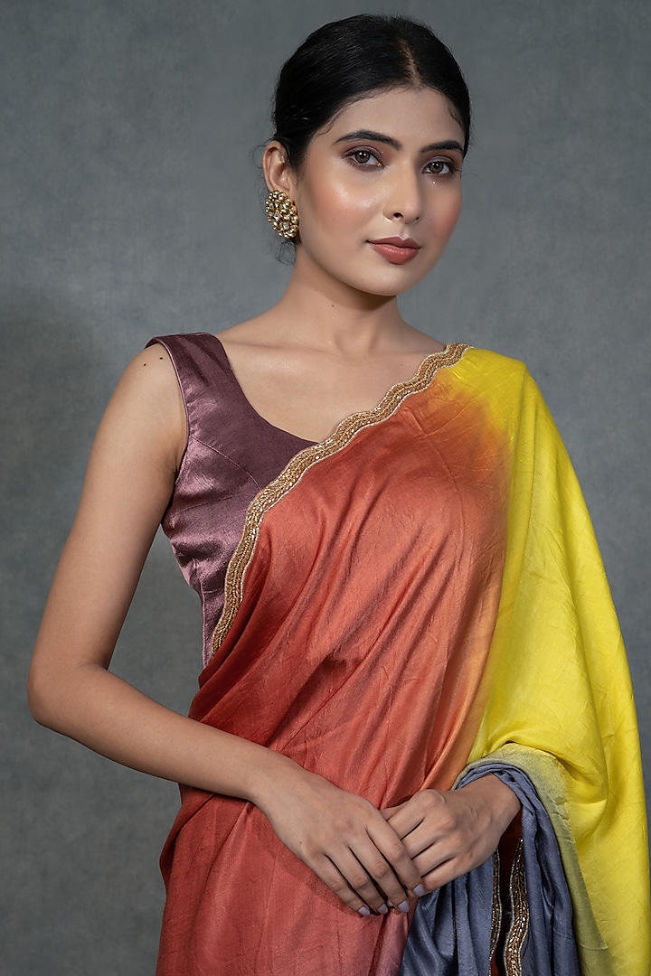 Multi-Colored Modal Satin Silk Hand Embroidered Party Wear Saree Set by Farha Syed at Pernia's Pop Up Shop