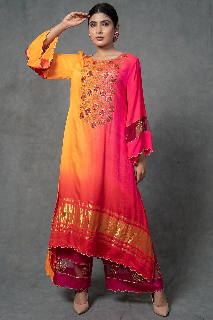 Pink & Bright Orange Hand Embroidered Kurta Set by Farha Syed