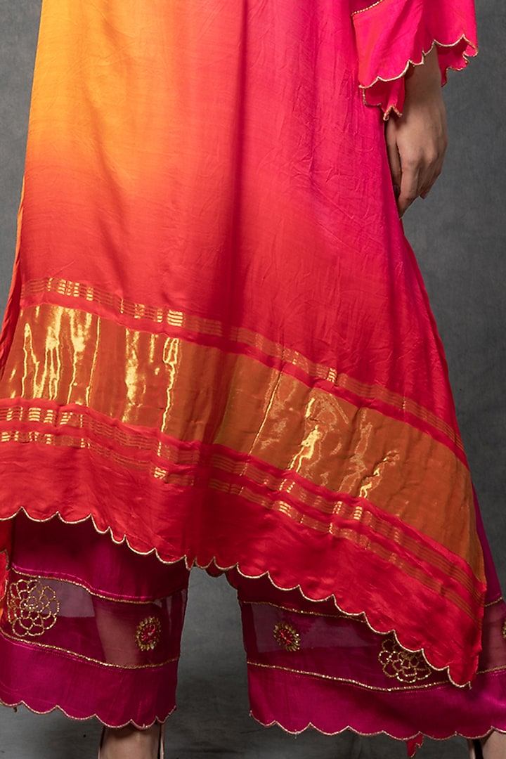 Pink & Bright Orange Hand Embroidered Kurta Set by Farha Syed at Pernia's Pop Up Shop