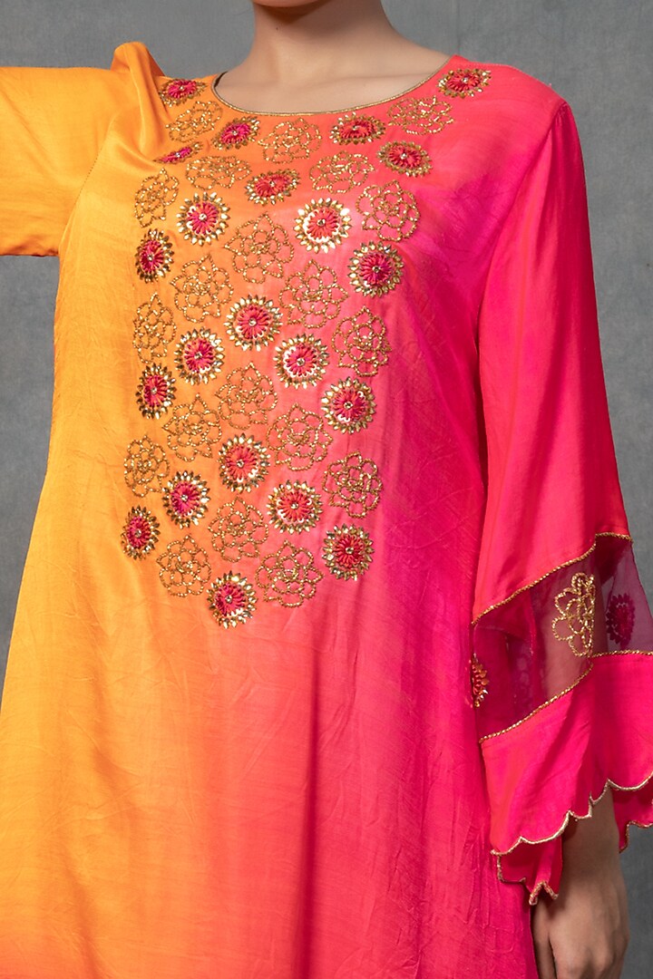 Pink & Bright Orange Hand Embroidered Kurta Set by Farha Syed at Pernia's Pop Up Shop