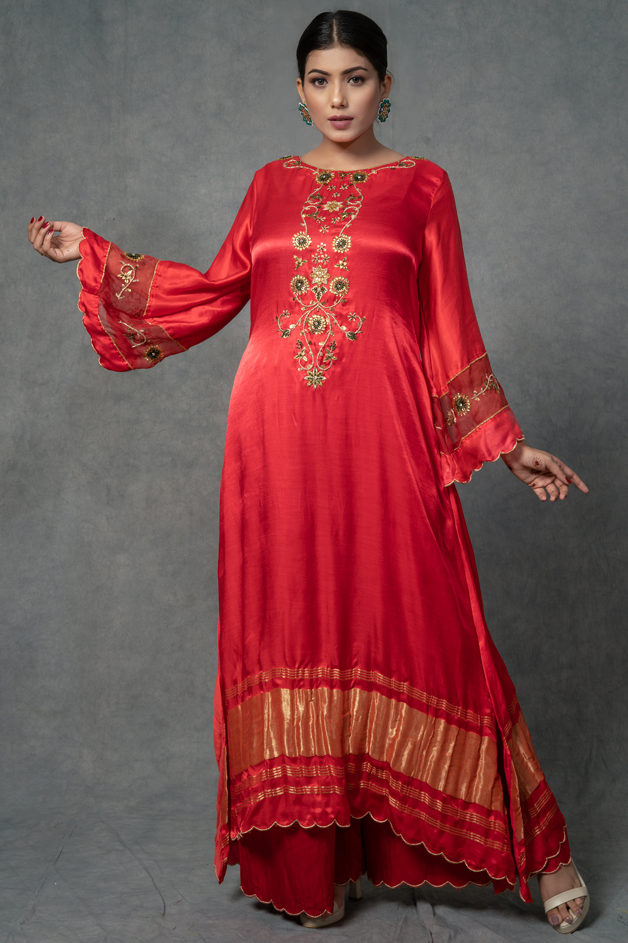 Red Hand Embroidered Kurta Set by Farha Syed at Pernia's Pop Up Shop