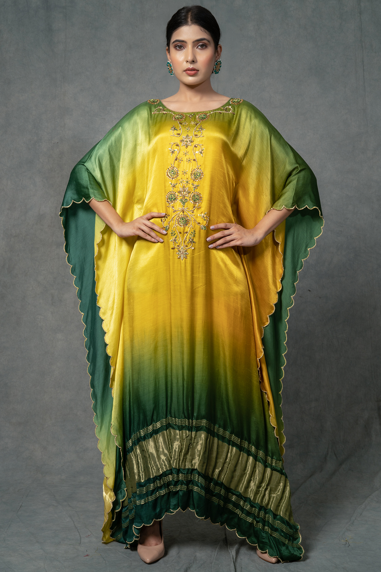 Yellow & Green Hand Embroidered Kaftan by Farha Syed