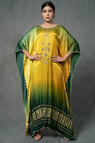 Yellow & Green Hand Embroidered Kaftan by Farha Syed