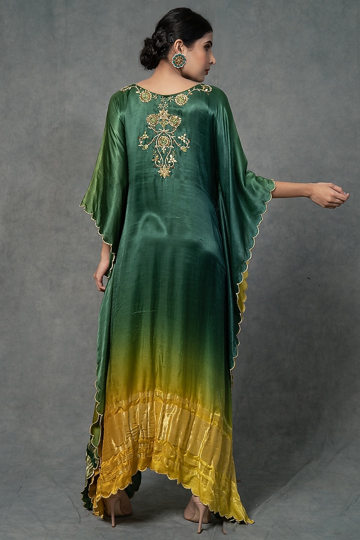 Yellow & Green Hand Embroidered Kaftan by Farha Syed at Pernia's Pop Up Shop