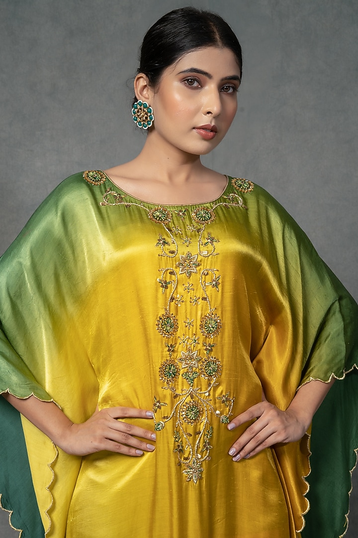 Yellow & Green Hand Embroidered Kaftan by Farha Syed at Pernia's Pop Up Shop