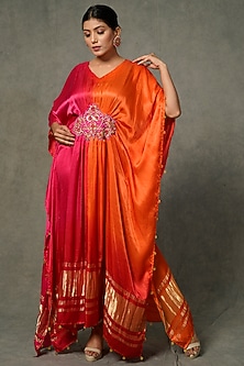 Pink & Tangerine Orange Hand Embroidered Kaftan by Farha Syed-WEDDING KAFTANS