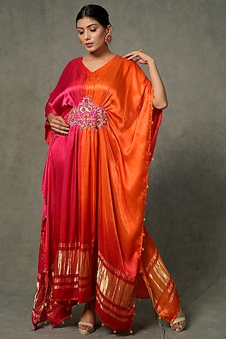 Pink & Tangerine Orange Hand Embroidered Kaftan by Farha Syed