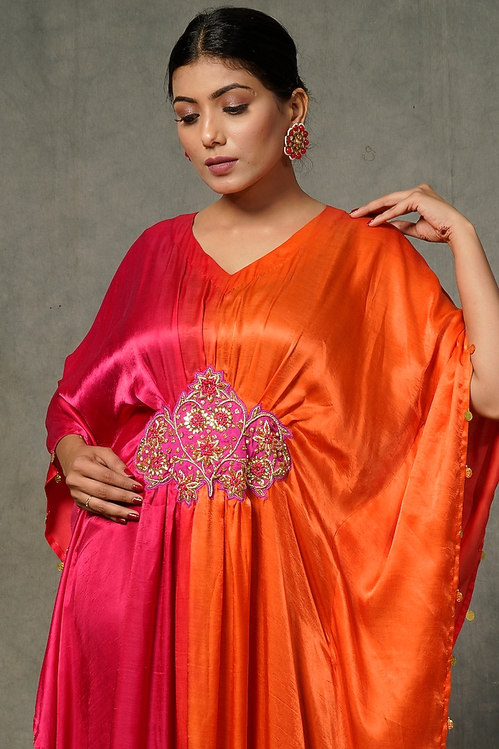 Pink & Tangerine Orange Hand Embroidered Kaftan by Farha Syed at Pernia's Pop Up Shop