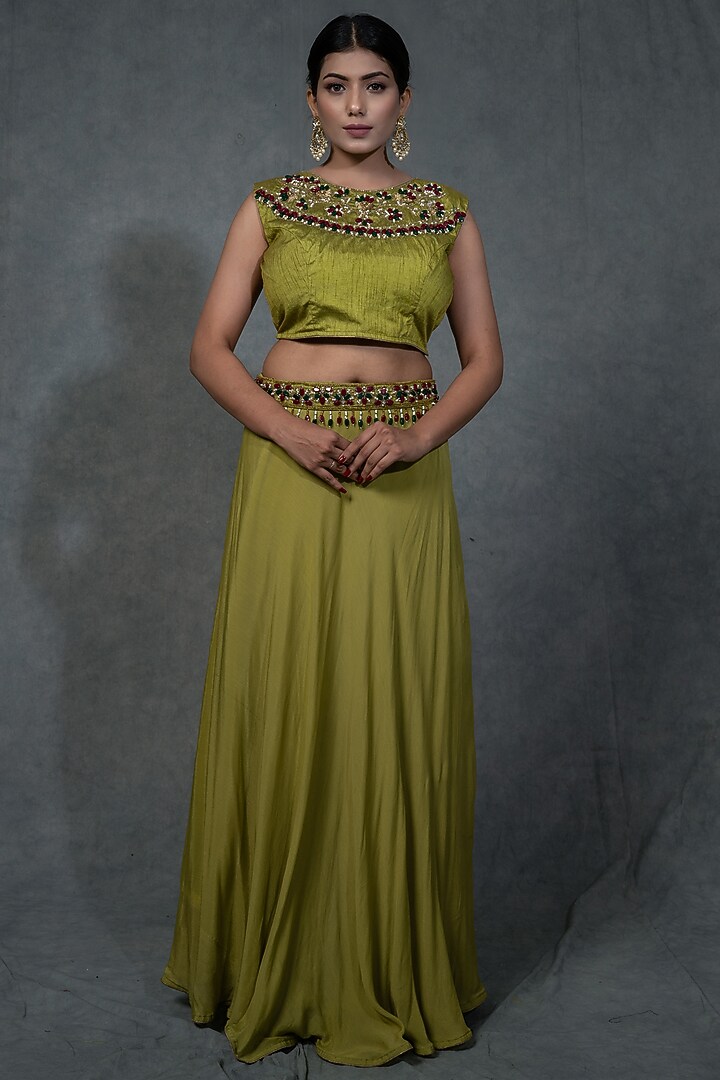 Lemon Green Hand Embroidered Skirt Set by Farha Syed at Pernia's Pop Up Shop