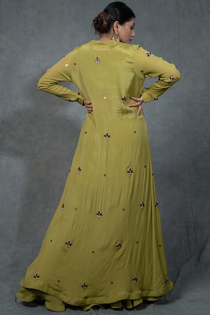Lemon Green Hand Embroidered Skirt Set by Farha Syed at Pernia's Pop Up Shop