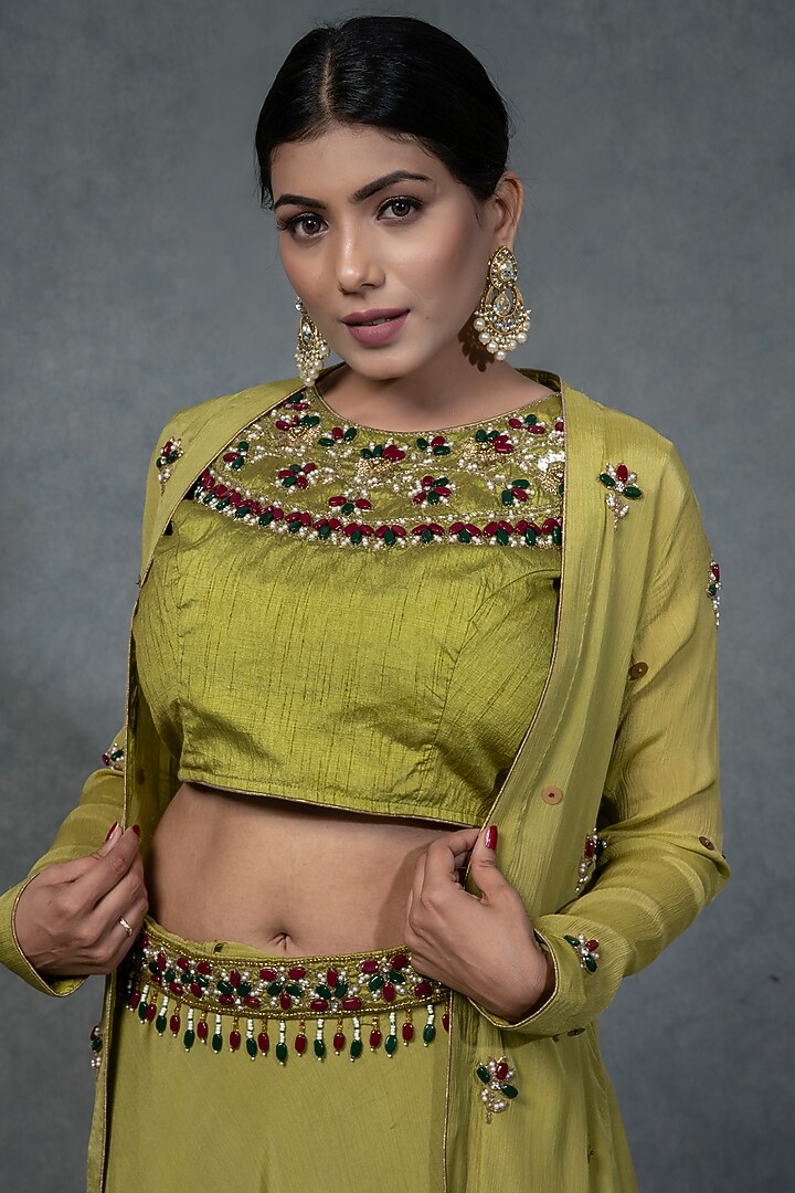 Lemon Green Hand Embroidered Skirt Set by Farha Syed at Pernia's Pop Up Shop