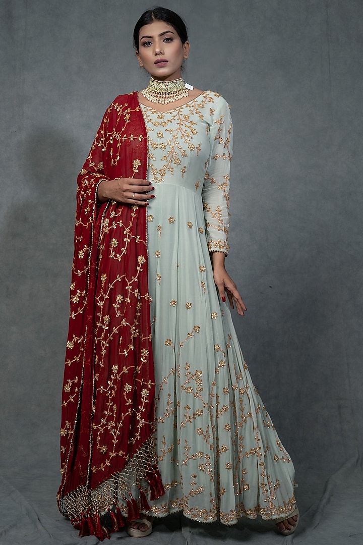 Pale Turquoise Hand Embroidered Anarkali Set by Farha Syed