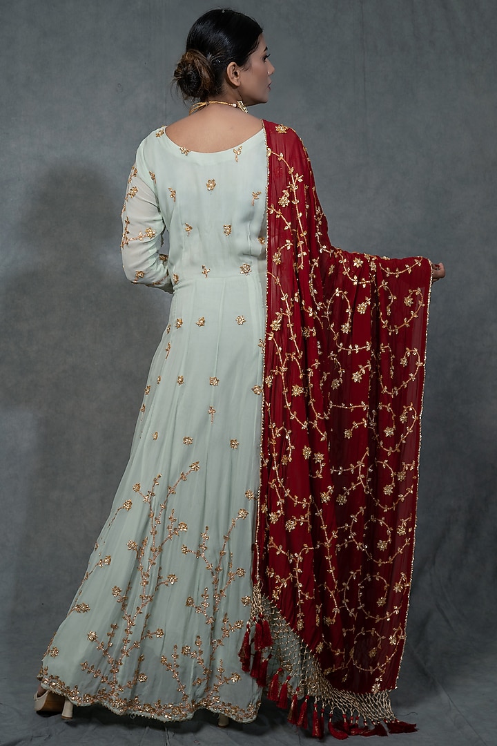 Pale Turquoise Hand Embroidered Wedding Anarkali Set by Farha Syed at Pernia's Pop Up Shop