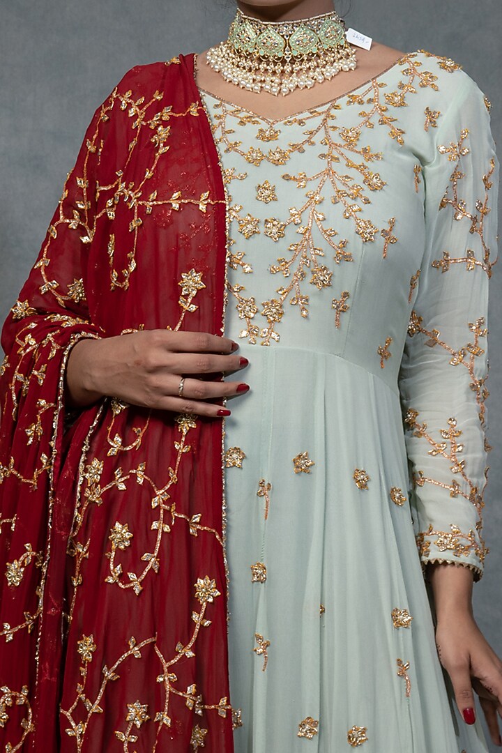 Pale Turquoise Hand Embroidered Wedding Anarkali Set by Farha Syed at Pernia's Pop Up Shop