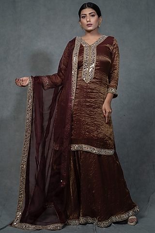 Brunette Brown Hand Embroidered Skirt Set by Farha Syed