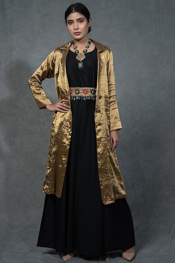 Jet Black Gown With Hand Embroidered Belt by Farha Syed at Pernia's Pop Up Shop