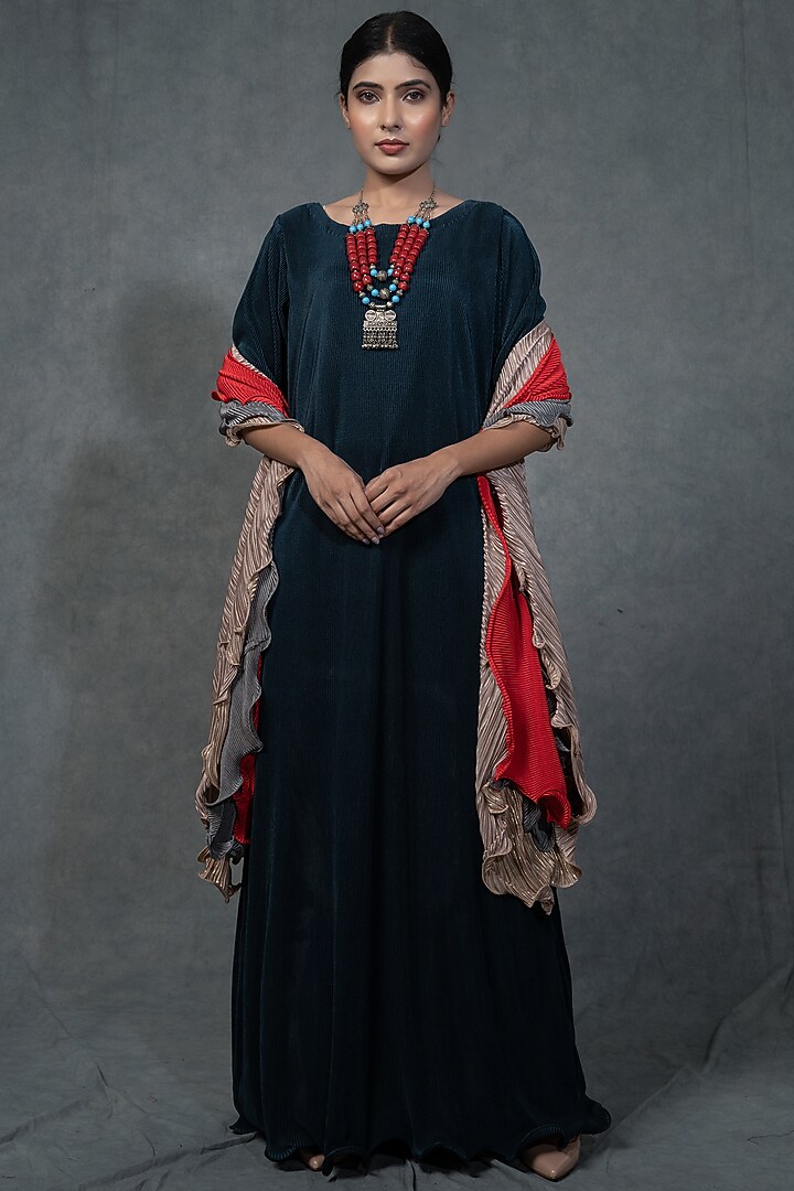 Prussian Blue Party Wear Gown With Ruffled Dupatta by Farha Syed at Pernia's Pop Up Shop