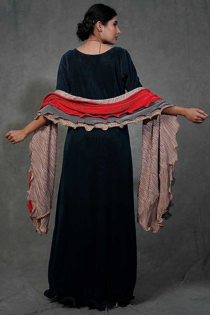 Prussian Blue Party Wear Gown With Ruffled Dupatta by Farha Syed at Pernia's Pop Up Shop