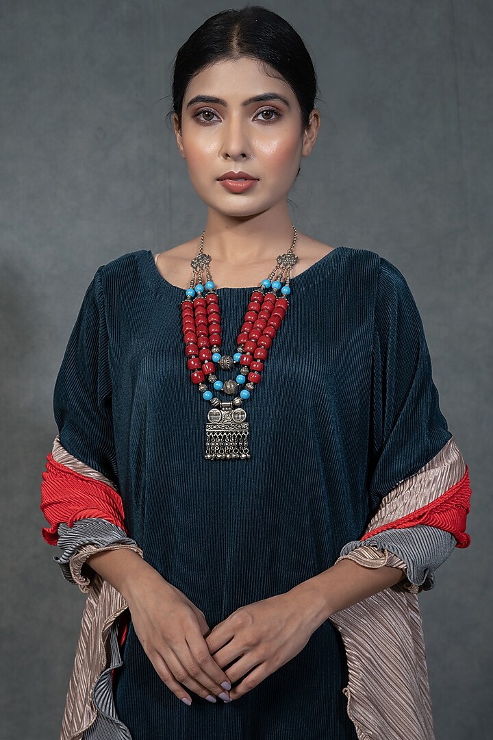 Prussian Blue Party Wear Gown With Ruffled Dupatta by Farha Syed at Pernia's Pop Up Shop