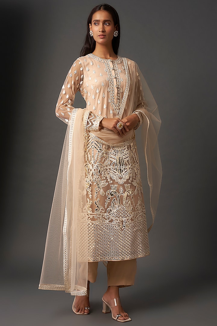 Beige Net Resham & Foil Work Kurta Set by Falguni Shane Peacock India at Pernia's Pop Up Shop