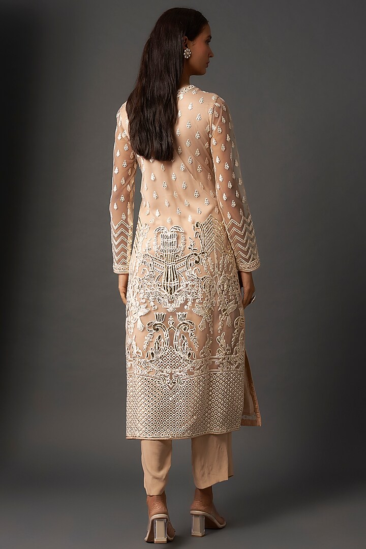 Beige Net Resham & Foil Work Kurta Set by Falguni Shane Peacock India at Pernia's Pop Up Shop