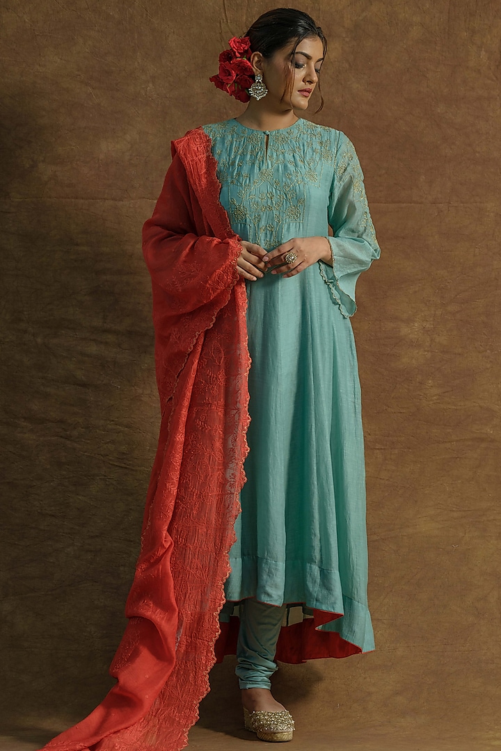 Mint Green Mul Chanderi Silk Hand Embroidered Anarkali Set by Farha Syed at Pernia's Pop Up Shop