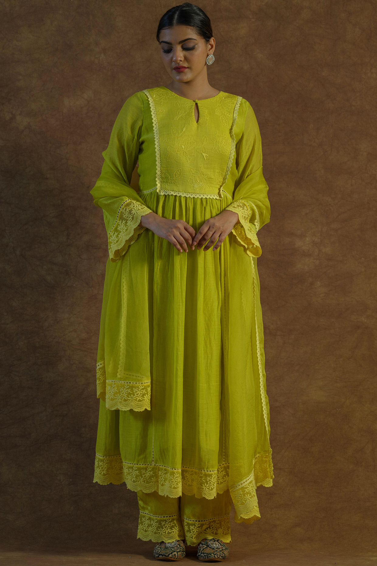 Lemon Yellow Mul Chanderi Silk Embroidered Party Wear Anarkali Set by Farha Syed at Pernia's Pop Up Shop