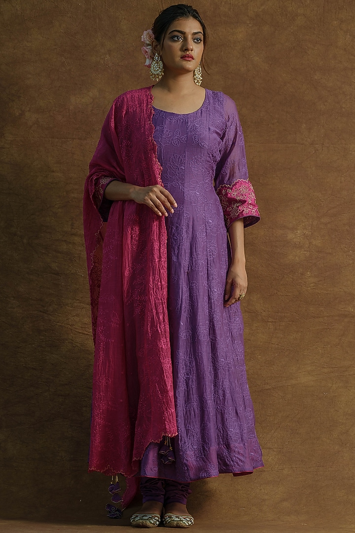 Purple Mul Chanderi Silk Embroidered Wedding Anarkali Set by Farha Syed at Pernia's Pop Up Shop