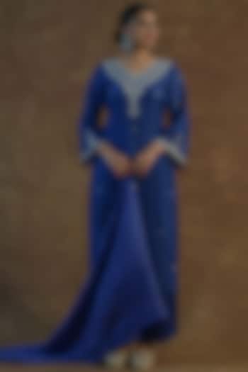 Royal Blue Natural Linen Embroidered Kurta Set by Farha Syed at Pernia's Pop Up Shop