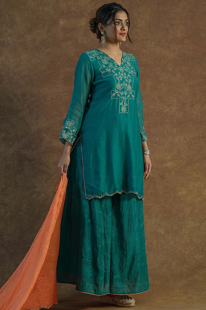 Emerald Green Mul Chanderi Sharara Set by Farha Syed at Pernia's Pop Up Shop