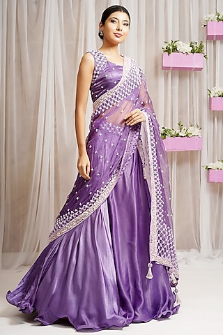 French Violet Modal Satin Silk Cutdana Embroidered Lehenga Saree Set by Farha Syed
