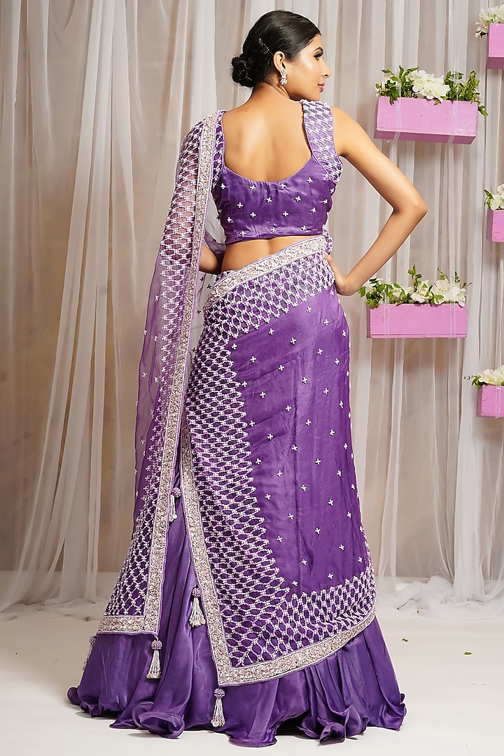 French Violet Modal Satin Silk Cutdana Embroidered Wedding Lehenga Saree Set by Farha Syed at Pernia's Pop Up Shop