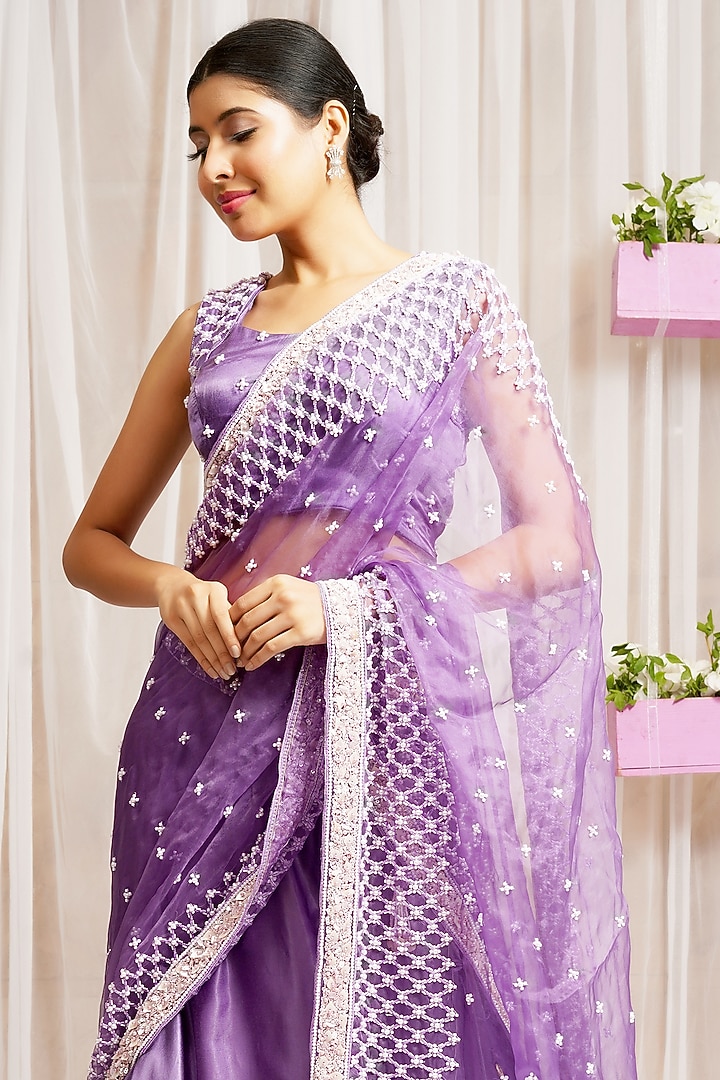 French Violet Modal Satin Silk Cutdana Embroidered Wedding Lehenga Saree Set by Farha Syed at Pernia's Pop Up Shop