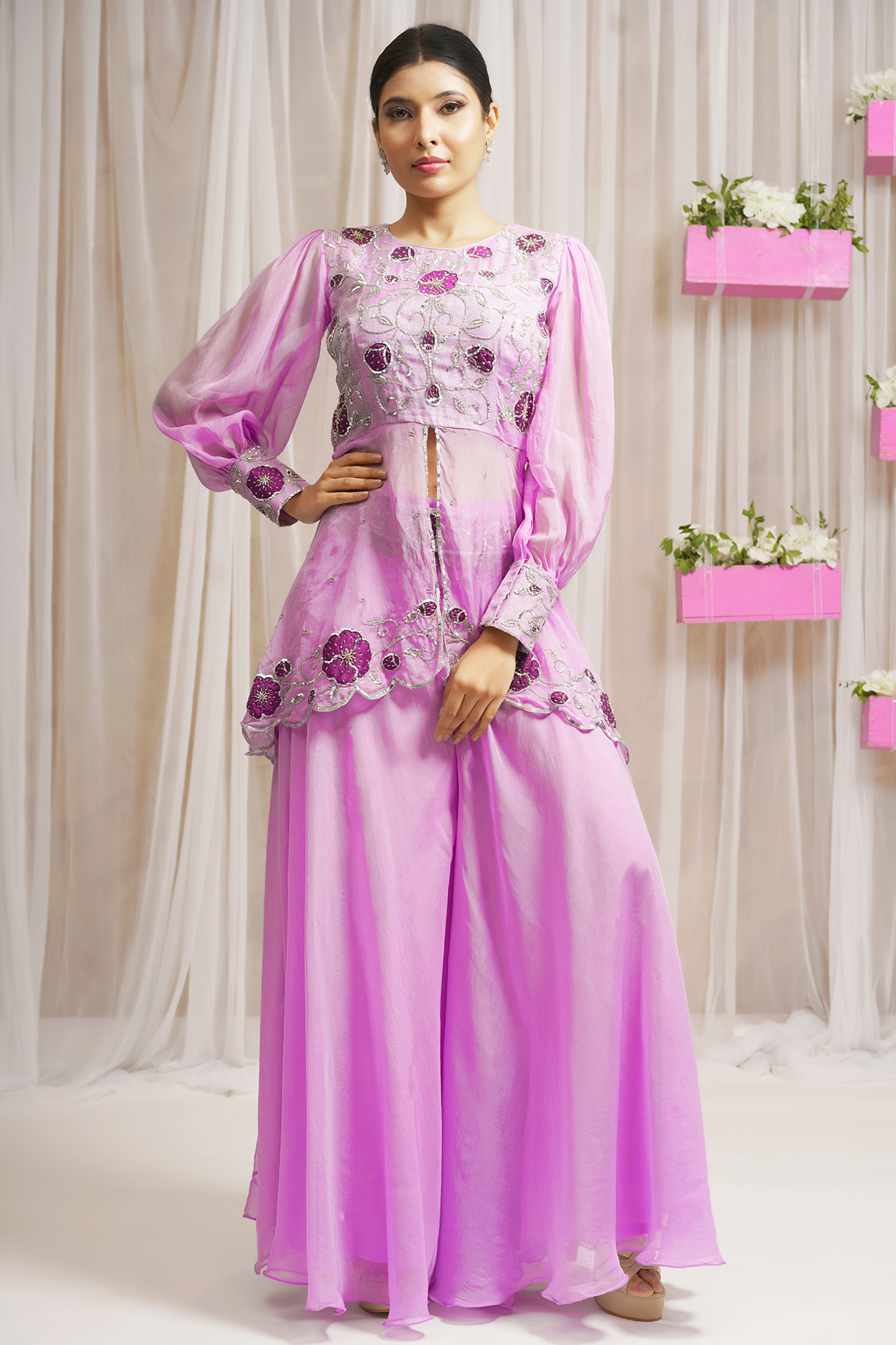 Periwinkle Organza Wedding Sharara Set by Farha Syed at Pernia's Pop Up Shop